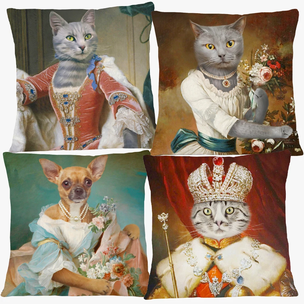Victorian Vintage Animals Portraits Cushion Cover Royal Lady With Bouquet Female Pet Cat Dog Pillow Case