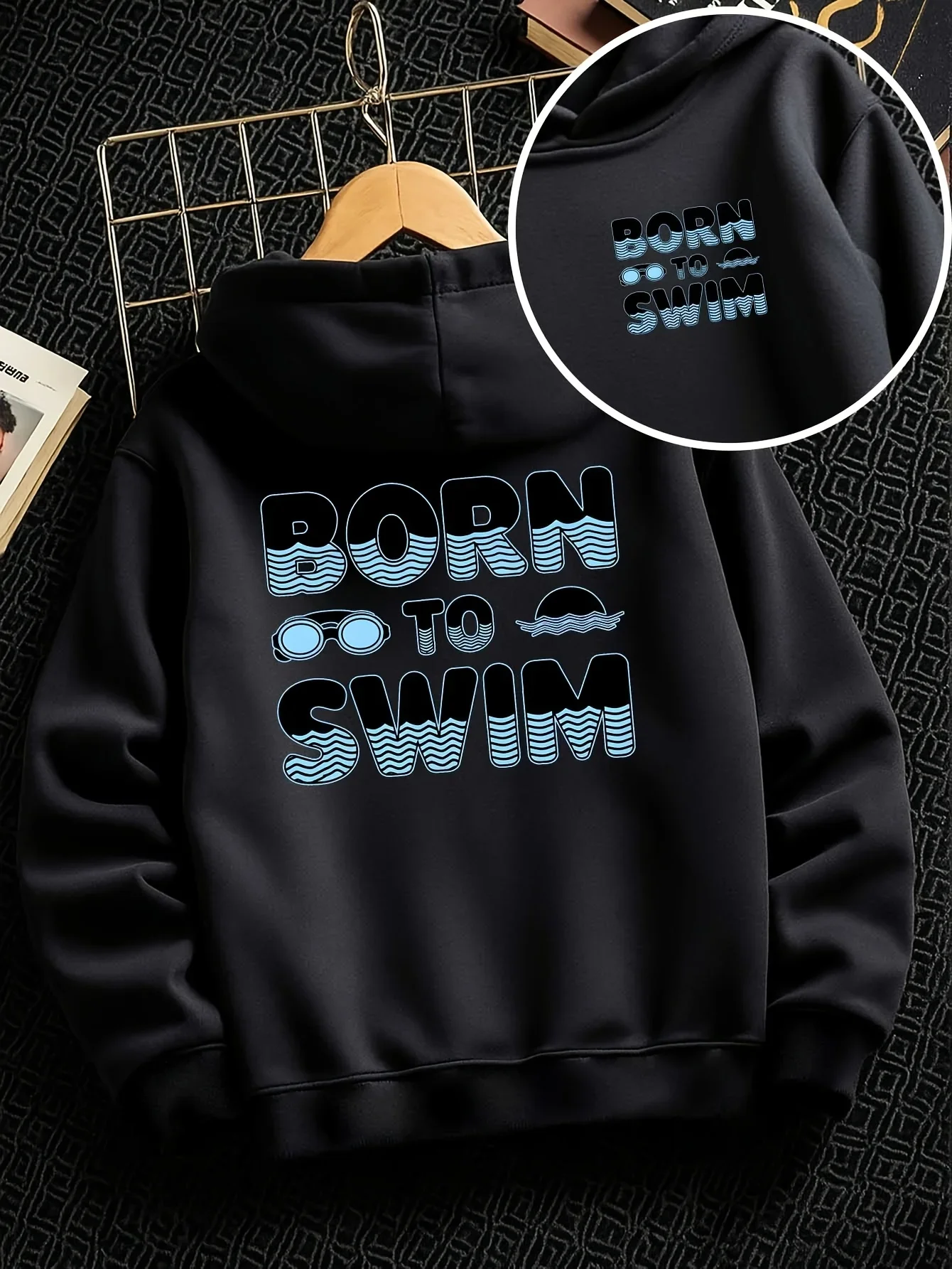 Korea Hot Born To Swim Text Graphic Hoodie Unisex Sports Casual Pullover Hooded Sweatshirt Loose Fit Autumn