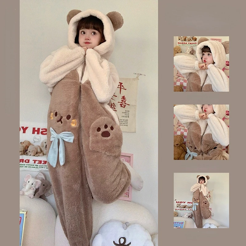 Autumn Winter Warm One Piece Pyjamas Girls Sweet Cartoon Bear Ears Bow Sleepwear Women Jumpsuits Coral Fleece Hooded Onesies