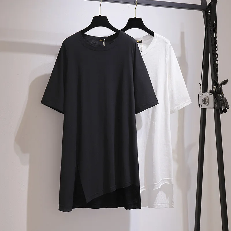 

2023 Summer New Oversize Women Clothing 100kg Large Chubby Women T-shirt Dress Short Sleeve Loose Mid Length Split Dresses 6XL