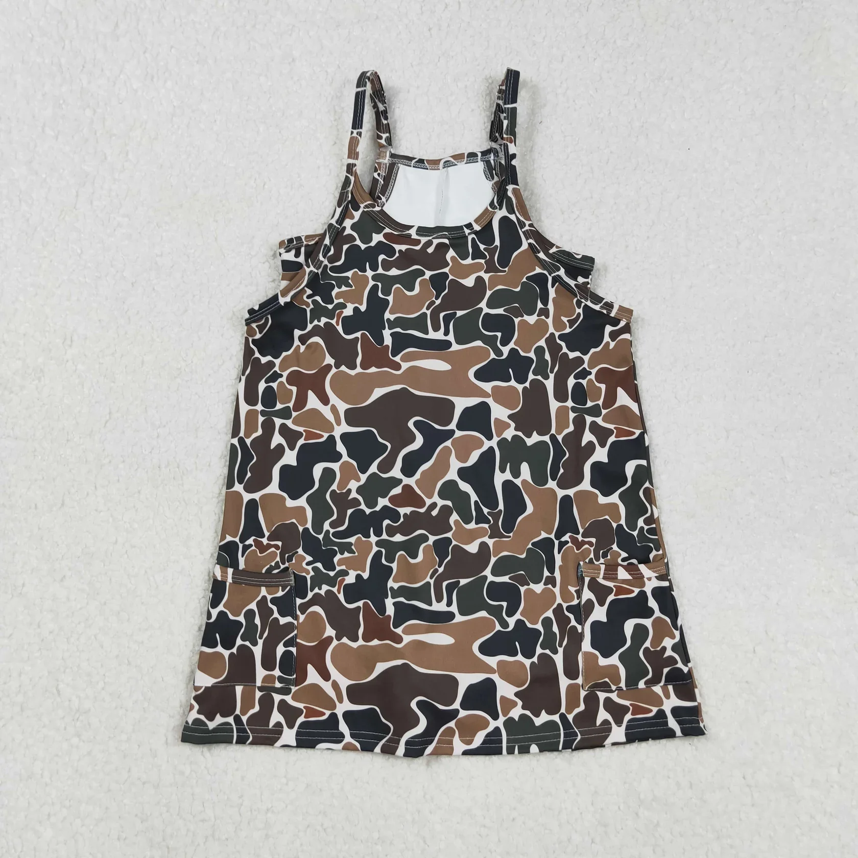 

Wholesale Toddler Brown Knee Length Straps Camo Printed Dress Kids Shorts Yoga Summer Clothes Baby Girl Active Pockets Clothing