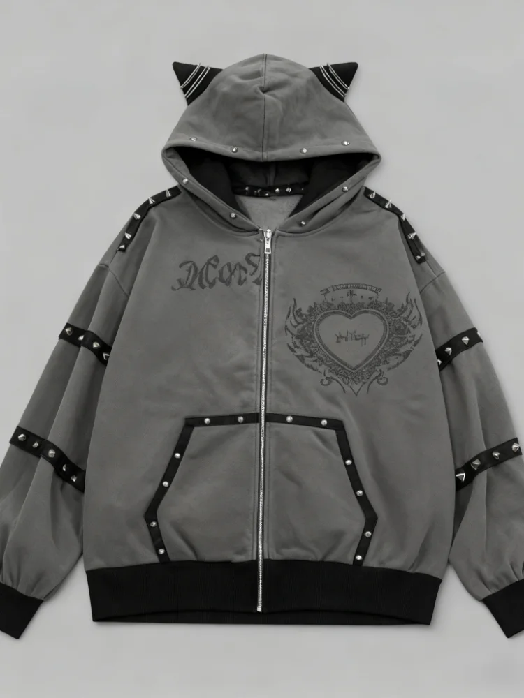 2000s Aesthetic Hooded Cross Cat Ear Subculture Y2k Punk Zipper Sweatshirt Jacket Harajuku Coat Female Loose Gothic Outerwear