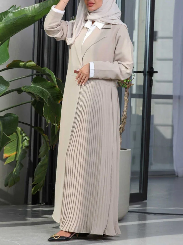 LANMREM Office Lady Pleated Spliced Trench Coat Women Notched Belt Gathered Waist Solid Color Dresses Fashion 2024 New 32C1303