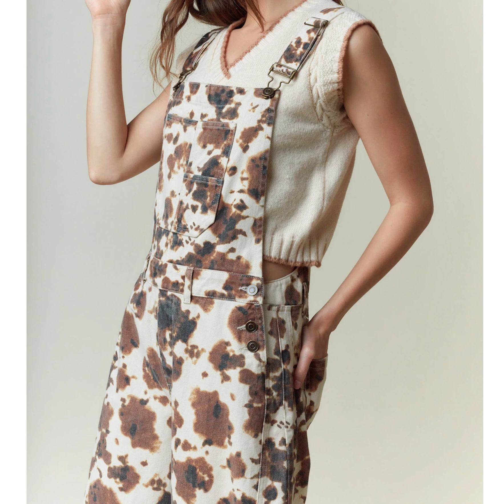 Mulheres qualidade retalhos macacões casual toda a temporada vaca impressão streetwear calças pokets