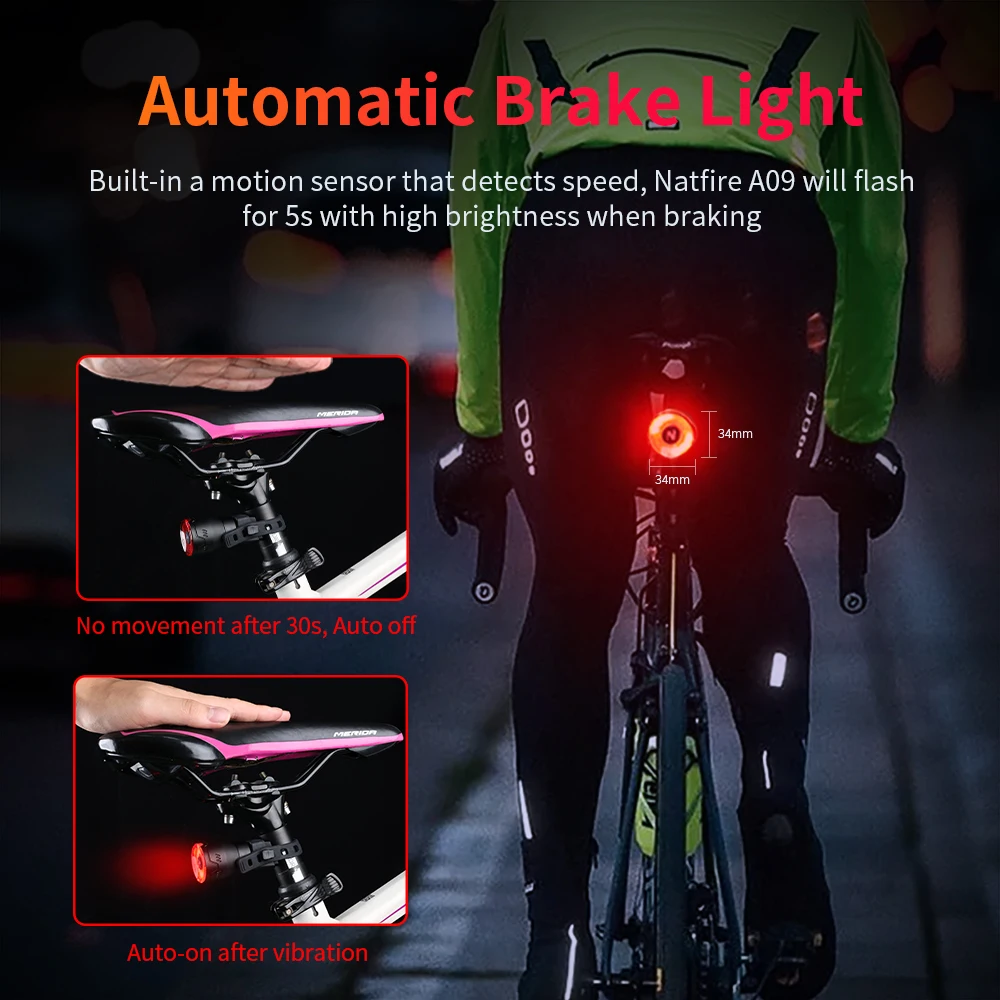 NATFIRE A09 Bicycle Smart Rear Light Type-C Charging Brake Sensor Auto Stop Cycling Taillight Warning Light Bike Accessories