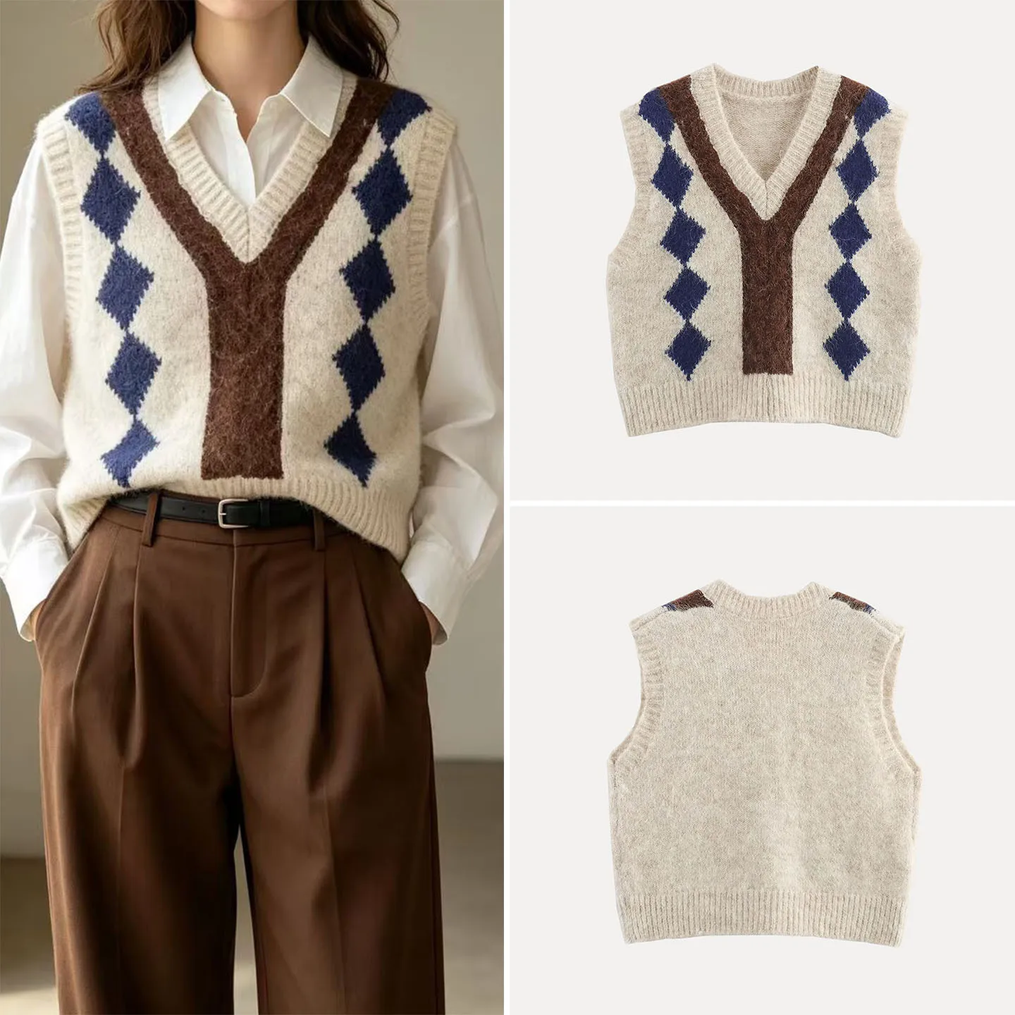 Women's Vintage V-neck Color Block Mottled Diamond Pattern Vest Tank Top 2026 Autumn New Arrival Outerwear Fashion