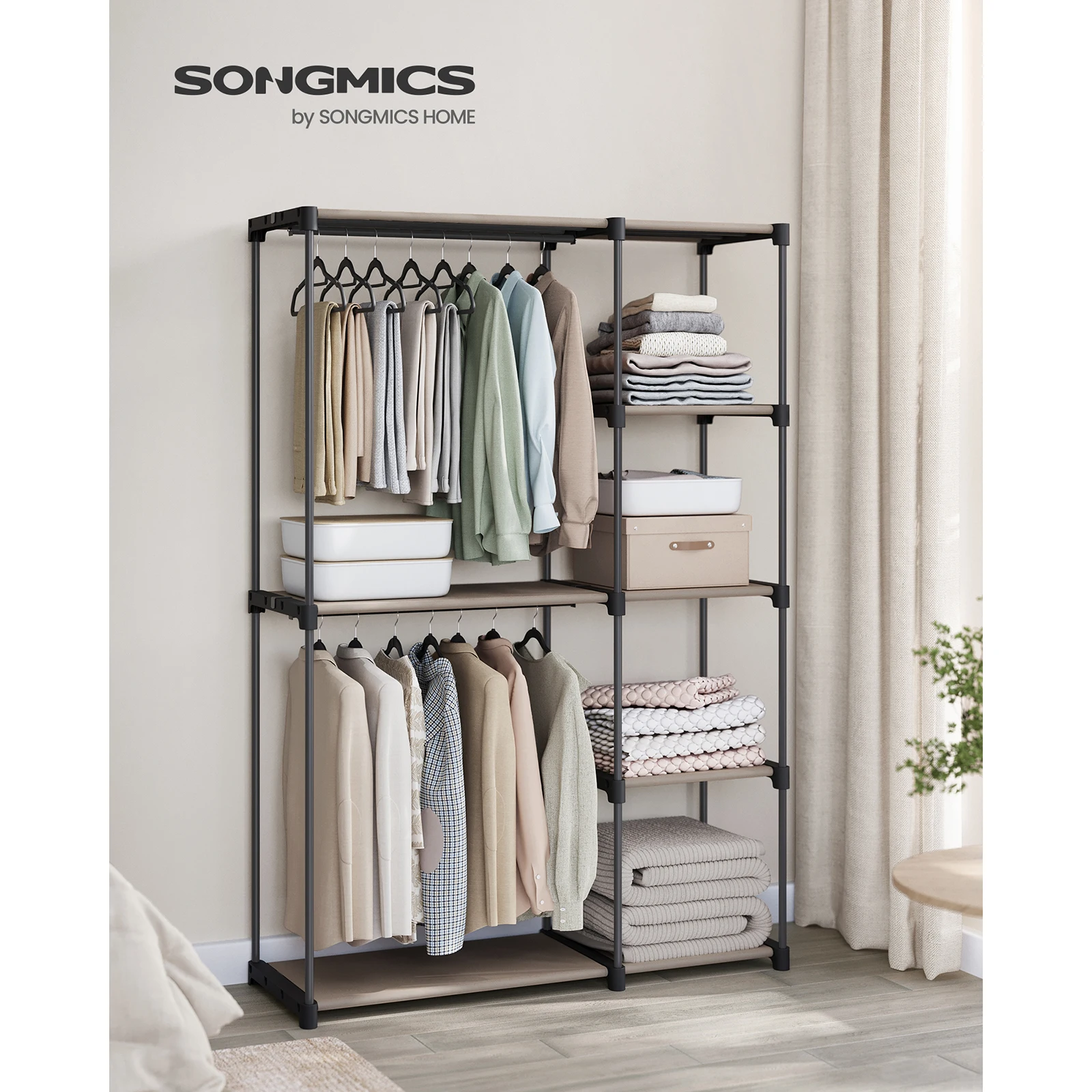 SONGMICS Freestanding Wardrobe, Coat Rack with Clothes Rails, Clothes Rack, Cloakroom, Bedroom, 43 x 124 x 182 cm