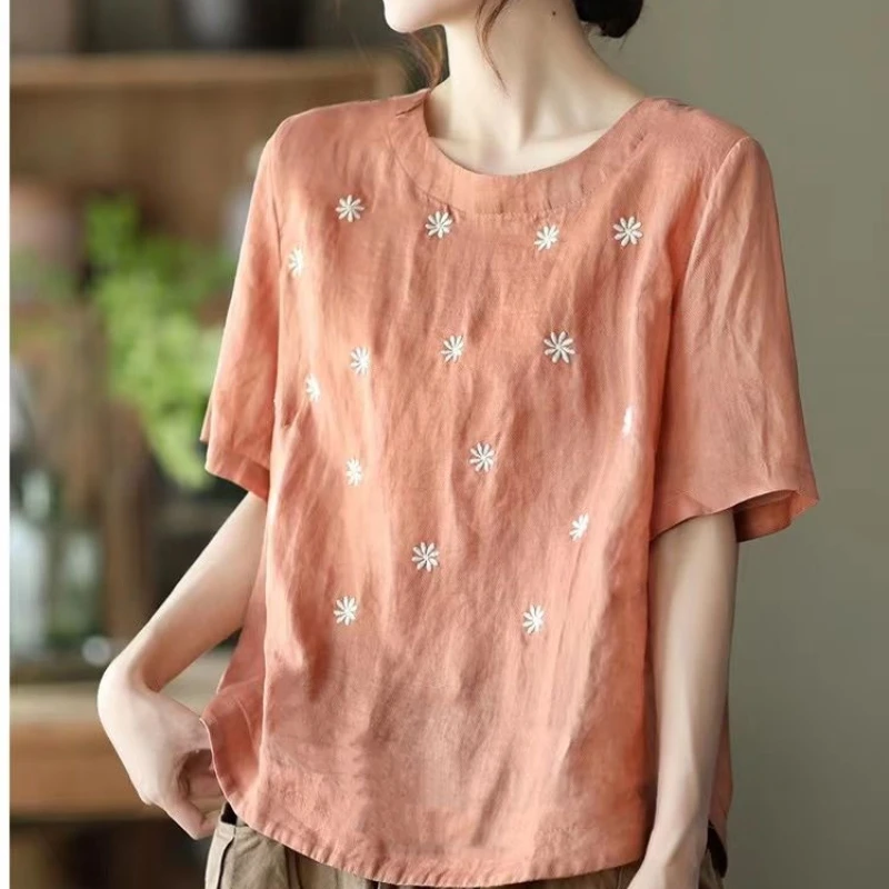 2024 New Summer Retro Ethnic Style Versatile Short Sleeved Loose Round Neck Solid Color Printed Embroidered Women\'s T-shirt Top