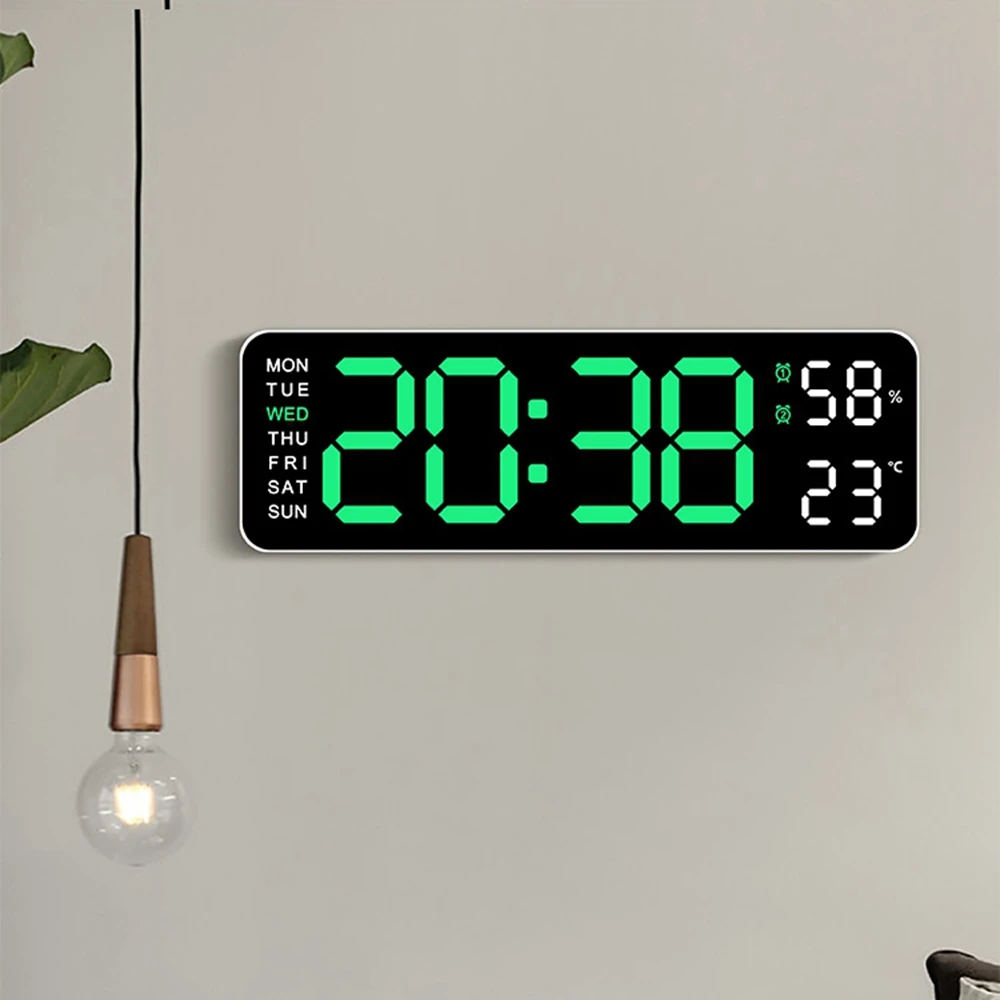 Duży cyfrowy zegar ścienny Wyświetlacz tygodniowy temperatury i wilgotności Regulowana jasność Elektroniczny budzik stołowy LED 12/24H