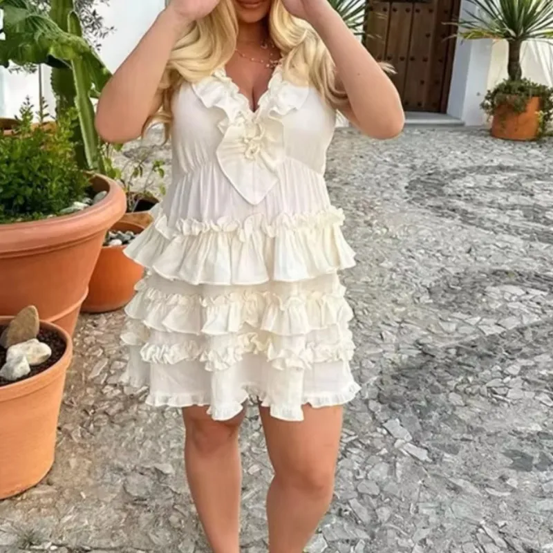 Elegante em camadas plissado vestido feminino 2025 novo verão solto sexy com decote em v sem mangas a linha mini vestidos de festa de férias vestido de noite