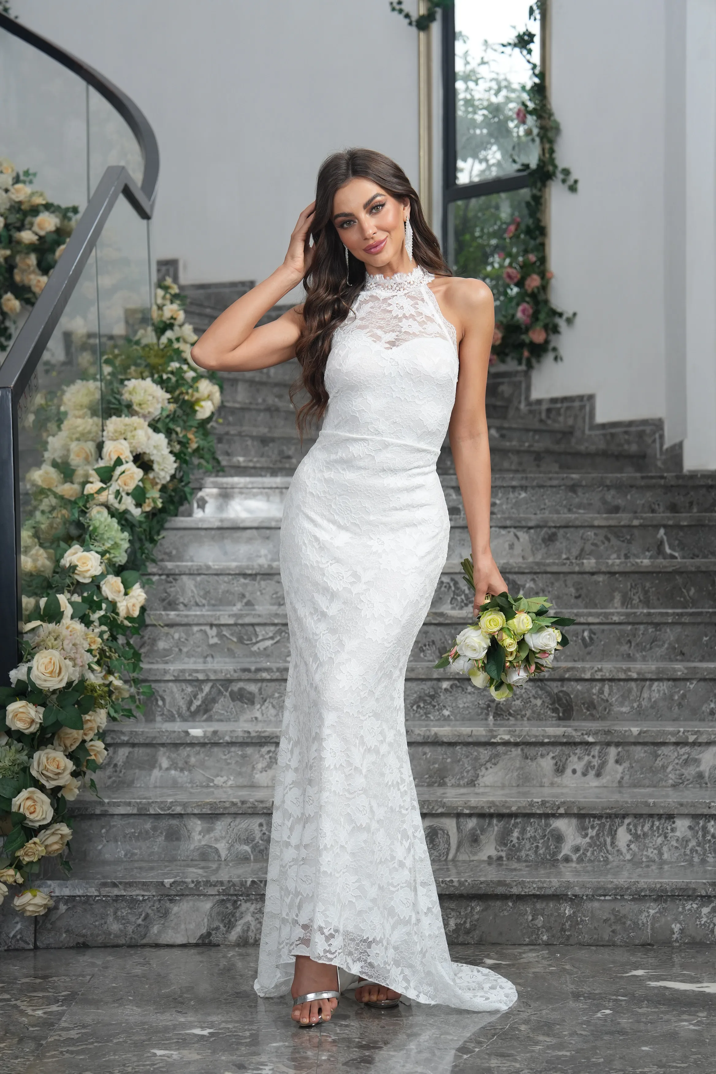 Robe de soirée longue en dentelle blanche élégante pour femmes, licou sexy, tambour, club, fête, robe d\'invité de mariage, mode, 2025