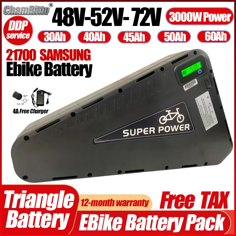 

Треугольная батарея 48 В 24 Ач 60 В 72 В Треугольная 52 В 36 В 20 Ач 30 Ач 40 Ач Большая емкость 2000 Вт 50 Ач 60 Ач Литиевая батарея для электровелосипеда с зарядным устройством
