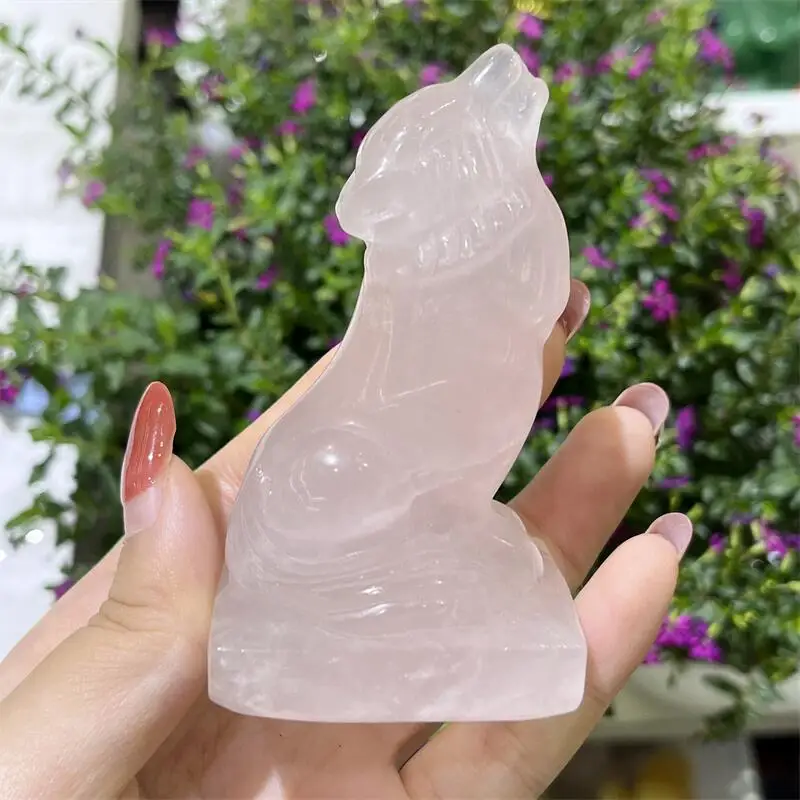 Natural Rose Quartz Wolf Carving Healing Gemstone Animal Figurines Reiki Stone Lucky Decoration Gift 1pcs