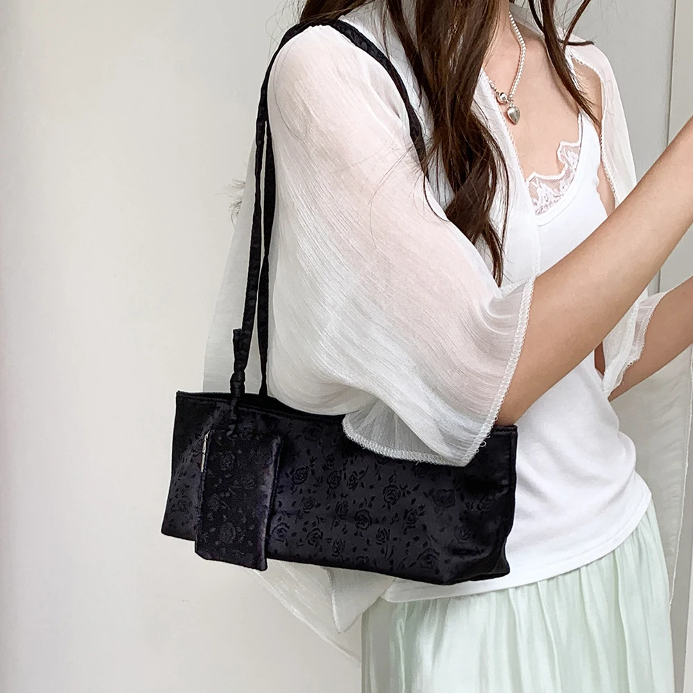 Fashion Rose Relief Shoulder Bag Flower Moire Pattern Tote Bags for Women 2 Bags Set Handbag Elegant Satin Armpit Bag NEW Tote