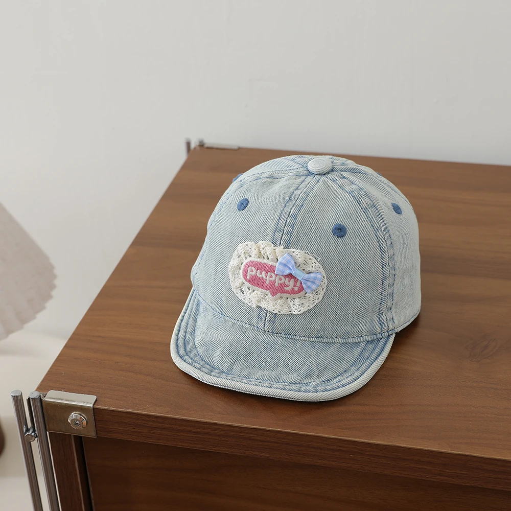 Sweet Style Patchwork Lettered Lace Edging Denim Kids Baseball Cap Washed and Antique Soft Brim Bowler Hat view 3