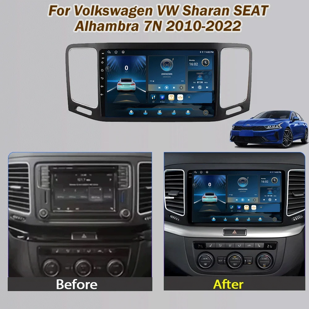 Android 16 Car Radio For Volkswagen VW Sharan SEAT Alhambra 7N 2010 - 2022 Android Auto Display Stereo GPS Navigation 2k 4G Wifi