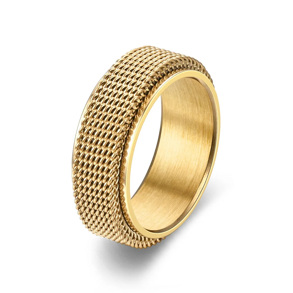 Punk Anxiety Fidget Rotatable Spinner Ring 8mm Gold Silver Color Stainless Steel Mesh Spinning Rings for Woman Man Jewelry Gift