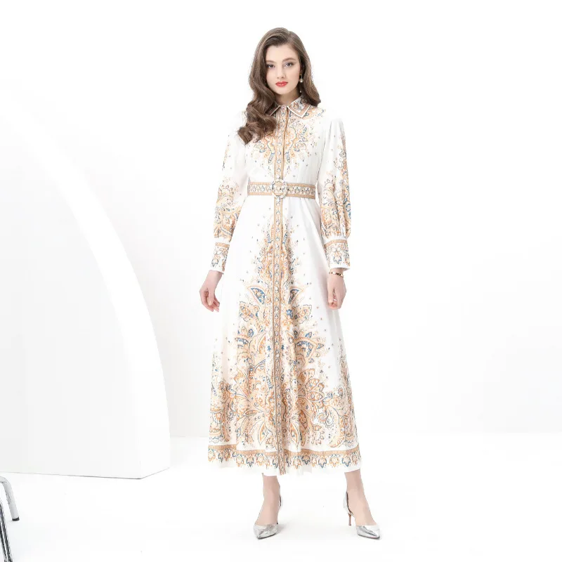 فستان ربيعي طويل الأكمام مطبوع لربيع 2025 المبكر، بخصر ضيق وتنورة واسعة وياقة قلابة، فستان ماكسي نسائي أنيق مبطن للشتاء