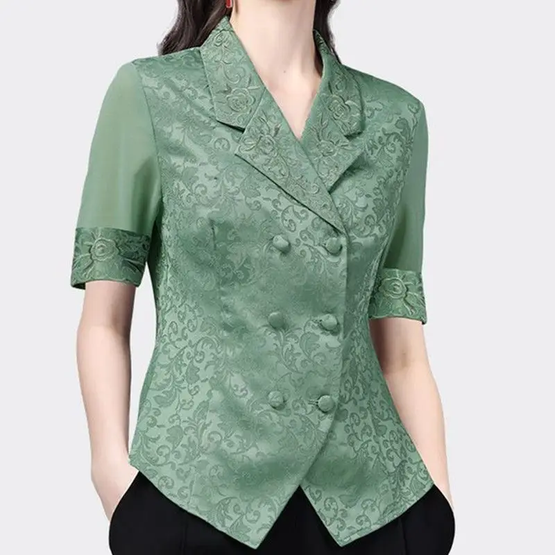 Summer New POLO Collar Fashion Short Sleeve Shirt Women High Street Casual Button Cardigan Slim Jacquard Weave Elegant Tops