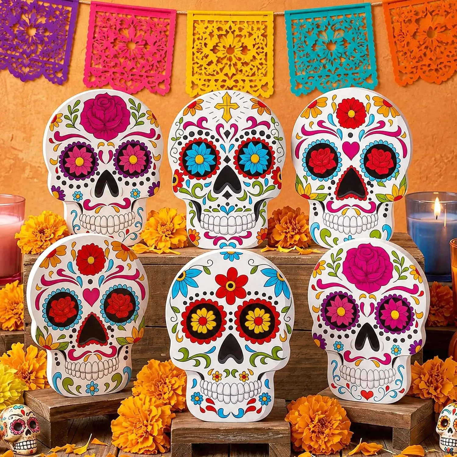 6 Pcs Wooden Sugar Skull Table Decor Day of Dead Party Decor