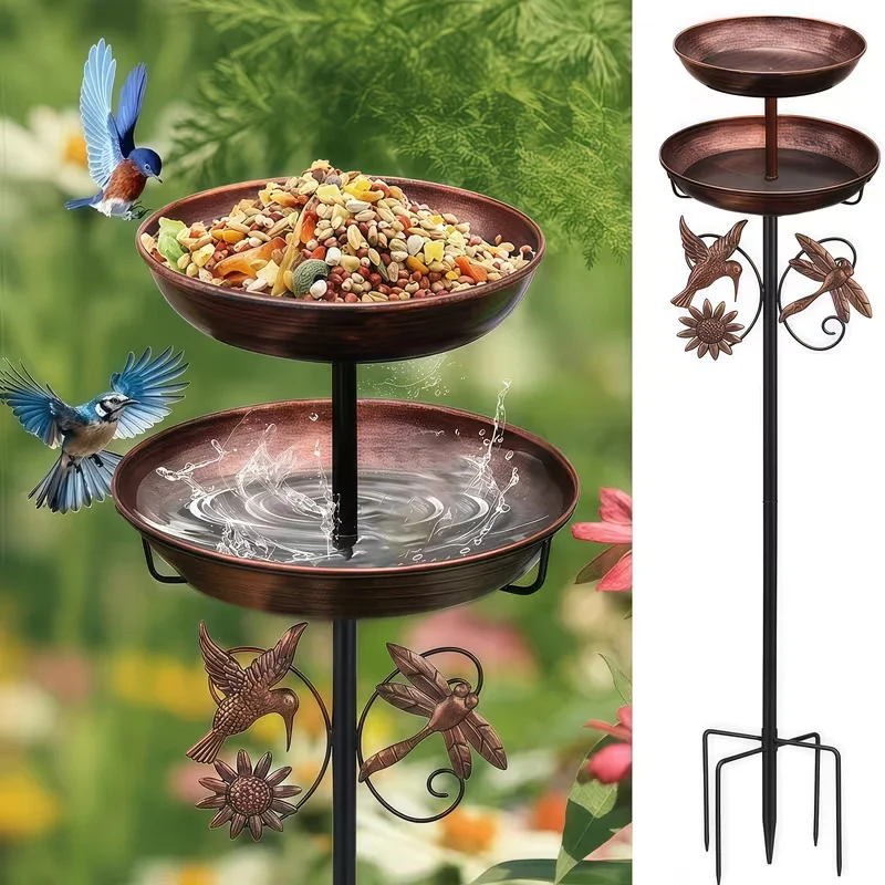 Outdoor Floor Double-Layer Metal Bird Bath, Bronze Double Basin with Sturdy Three-Prong Ground Stake, Hummingbird & Dragonfly Ornaments, Garden Patio Backyard Birding, Durable Weather-Resistant Bird Pool