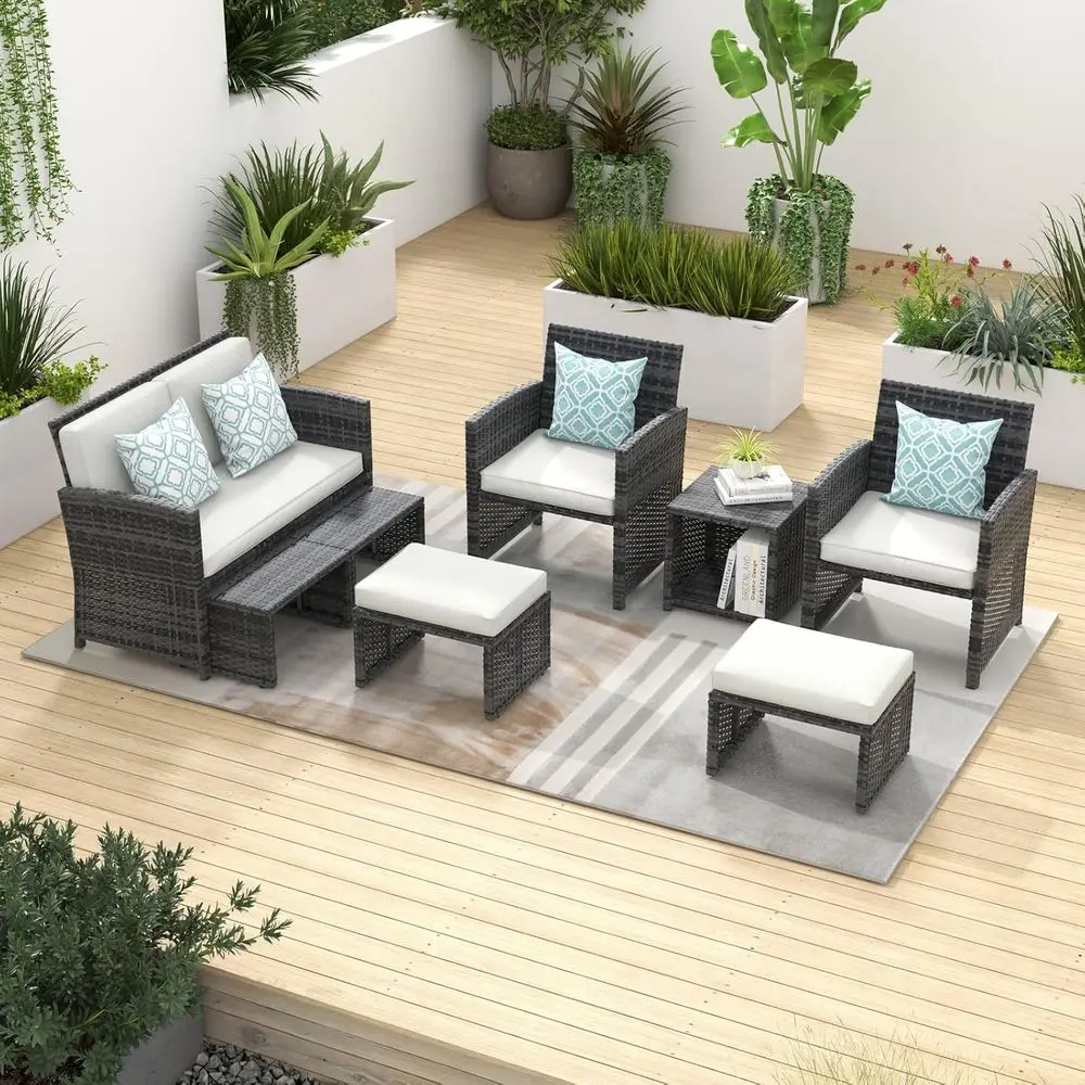 

8-Piece Outdoor Wicker Bistro Set with All-Weather Sectional, Ottoman, and Coffee Table in Grey Rattan with White Cushions
