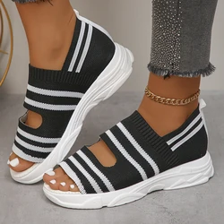 Lucyever Stripe Knitted Wedge Sandals Women 2024 Cover Heels Platform Sandles Woman Plus Size Summer Thick Sole Beach Sandalias