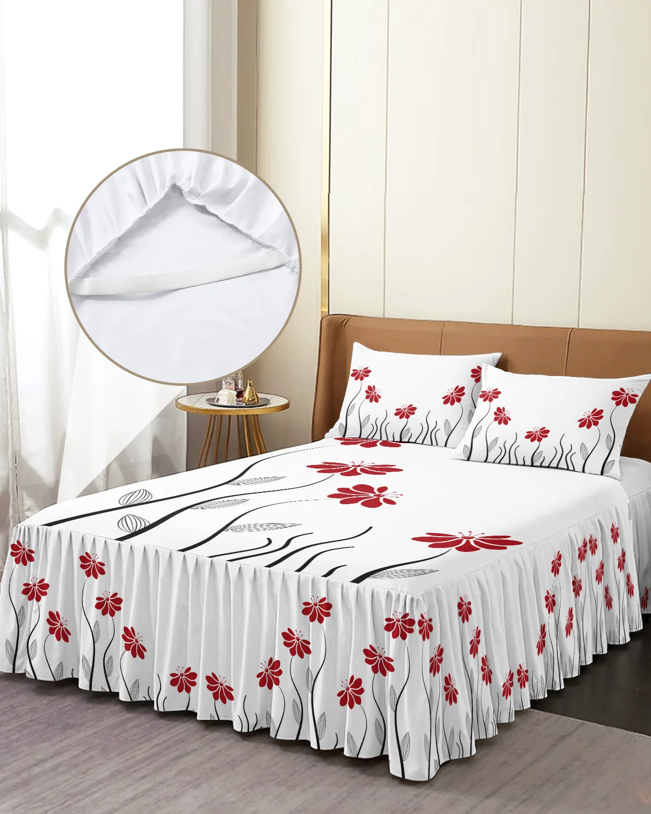 Red Flower Lines Plant Bed Skirt Elastic Fitted Bedspread With Pillowcases Bed Protector Mattress Cover Bedding Set Bed Sheet