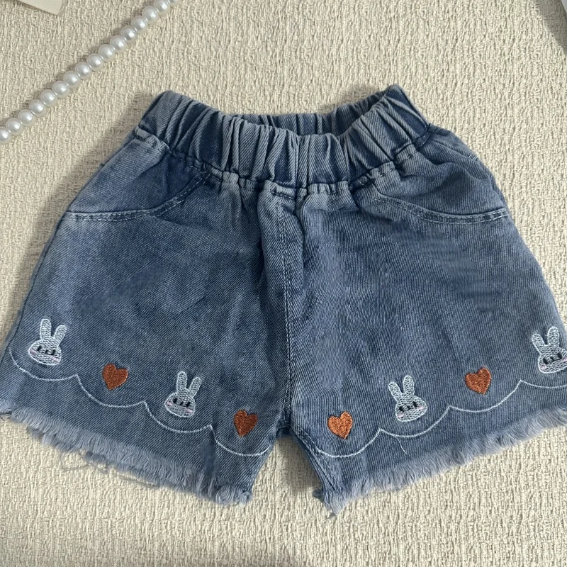 2026 Summer 2-7Y Girls Floral Denim Childrens Shorts Bunny Print Elastic Waist Trousers Casual Korean Style Kids Short Jeans