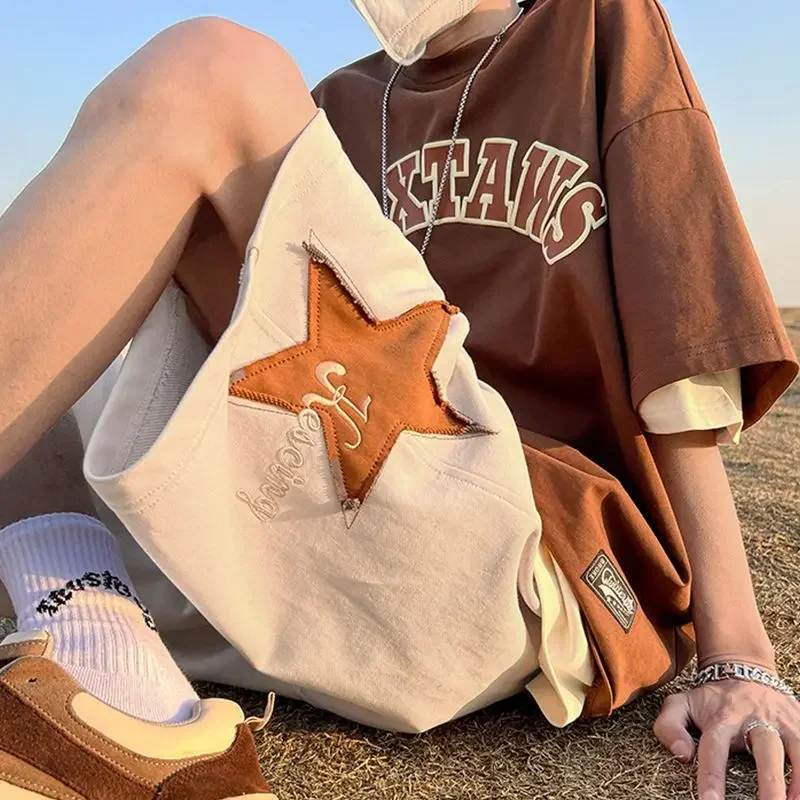 

Свободные мешковатые широкие мужские короткие брюки на шнурке с карманами в корейском стиле, три четверти, новые летние персонализированные мужские шорты