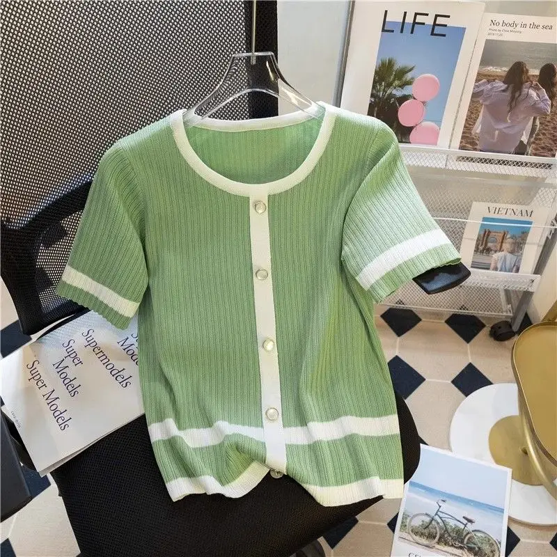 High-end Sense Green Square-shoulder Knitted Sweater for Women New Summer Style Thin Ice Silk Special Short Top