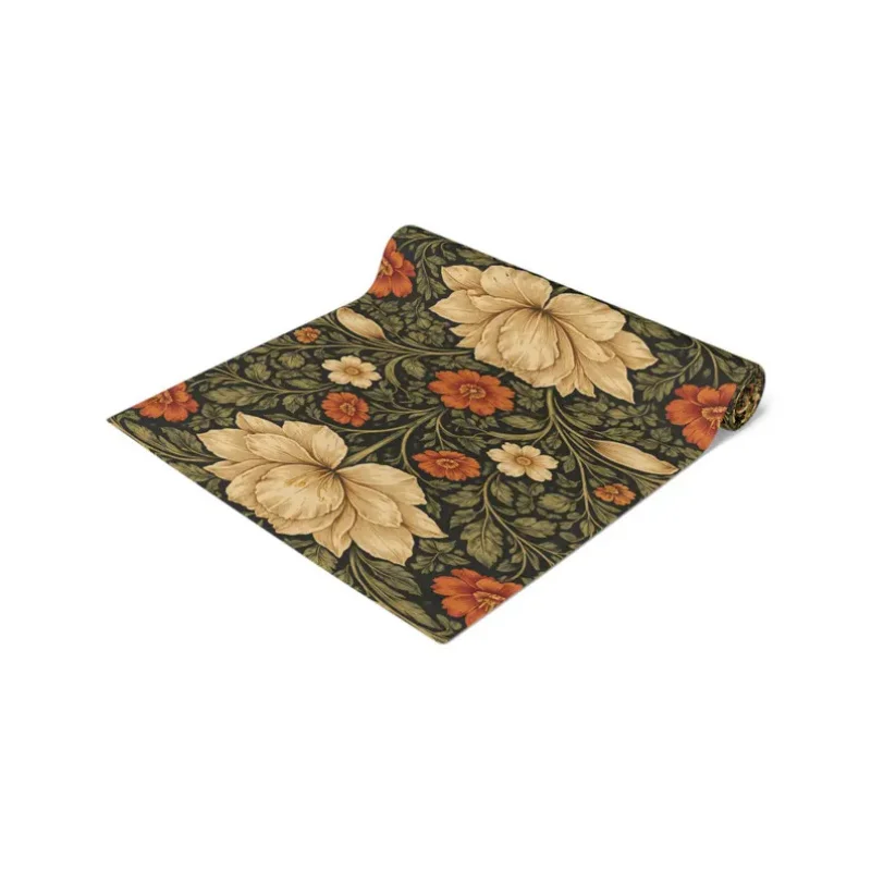 VIKAMA Chemin de table style William Morris, imprimé floral et oiseaux, coton et lin, vintage, rustique, pour cuisine, salle à manger, décoration intérieure