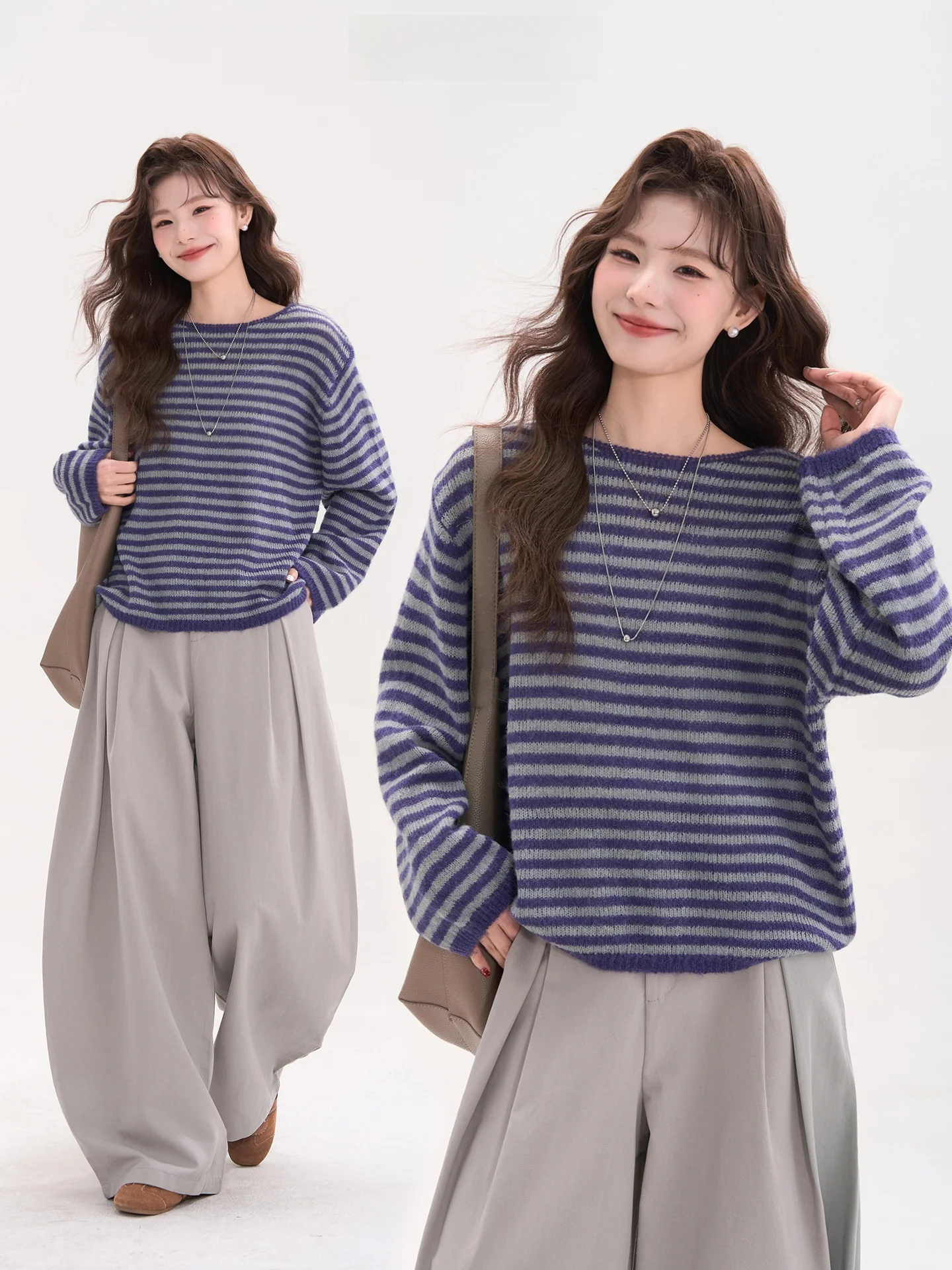 

Вязаный топ Aurora Omran с длинными рукавами и круглым вырезом, в полоску, повседневный, для женщин, весенний сезон, свободный крой, удобный, из смесового полиэстера