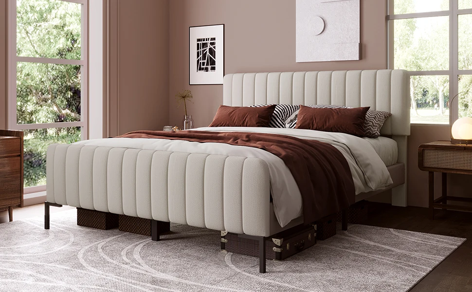 Headboard height is adjustable, 55cm high and thickened headboard Double bed with upholstered bed frame without mattress