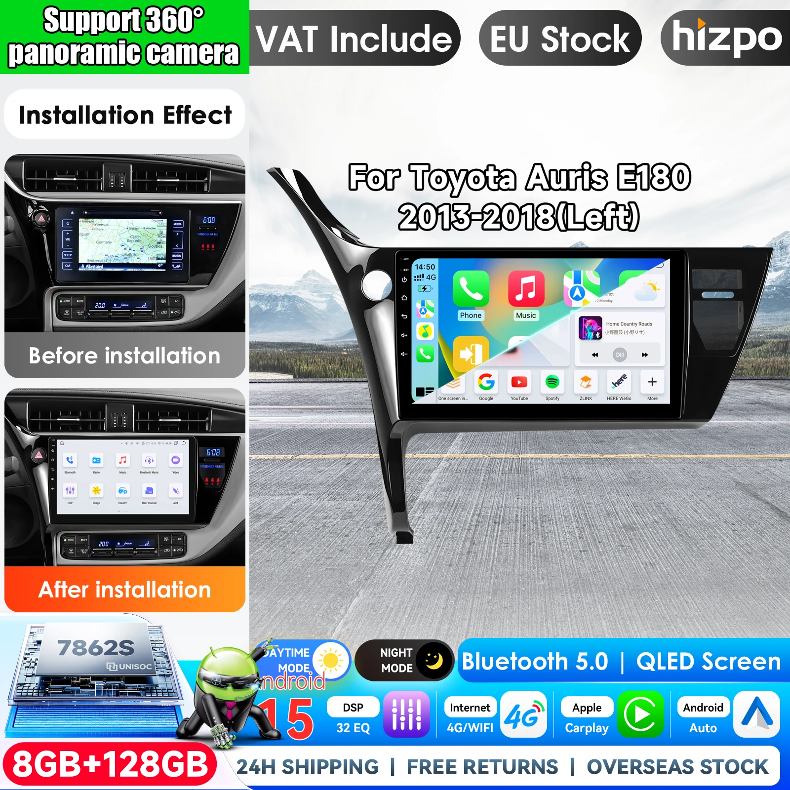 Hizpo 2 din Autoradio Android Auto per Toyota Corolla Auris 2013 2014 2015 2016 2017 2018 Guida a Sinistra Carplay 4G Sistema Multimediale per Auto GPS 2din Autoradio Telecamera 360 2 din Sistemi