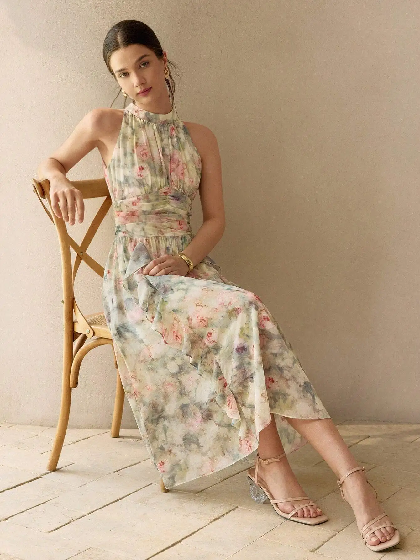 

Halte Neck Ruched Waist Floral Print Ruffle Trim Midi Dress