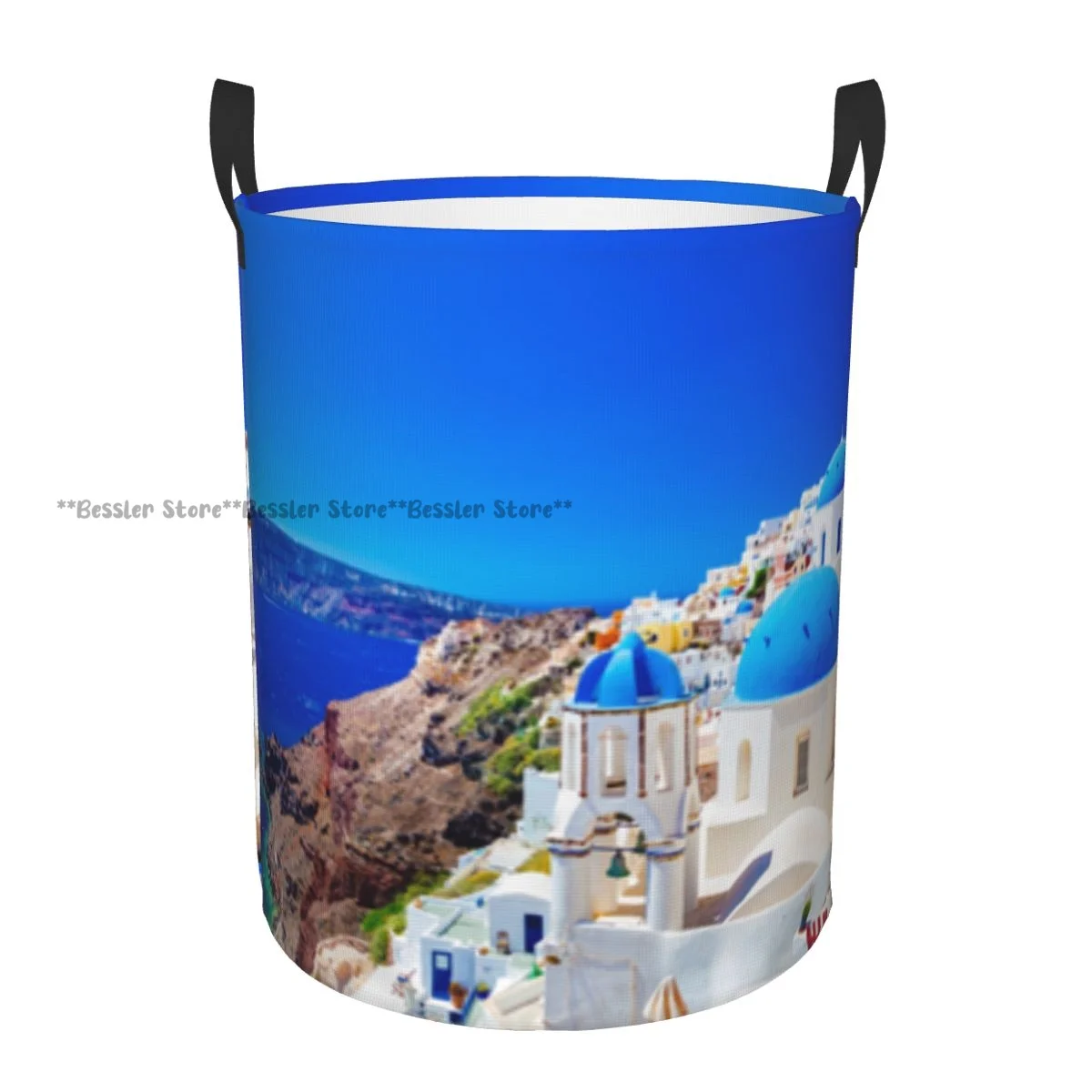 Laundry Basket Santorini Island Greece Traditional Famous Houses Round Storage Bin Collapsible Hamper Clothes Bucket Organizer