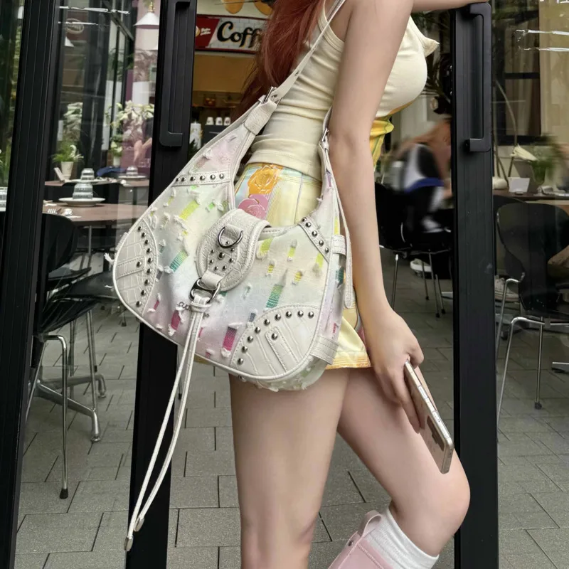 

Rivet Crescent Shaped Crossbody Bag Women's Casual Y2k Handbag Denim Fabric With Holes Dopamine Chic Design Colorful Tote Bag