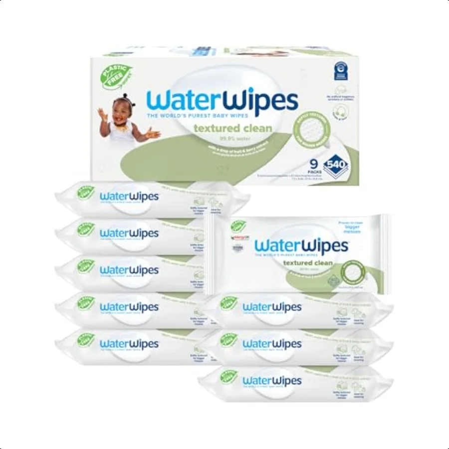 

WaterWipes PlasticFree Textured Clean Toddler Baby Wipes 99.9 Water Based Wipes Unscented Hypoallergenic for Sensitive Skin 540