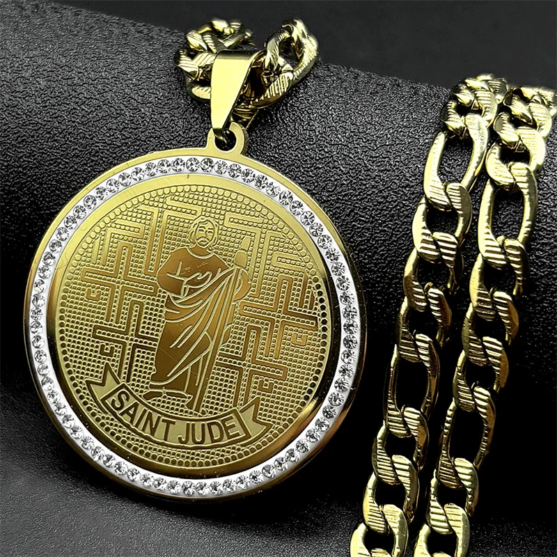 

San Judas Tadeo Crystals Pendant Necklace for Men Women Stainless Steel Gold Color Saint Jude Thaddeus Chain Amulet Jewelry