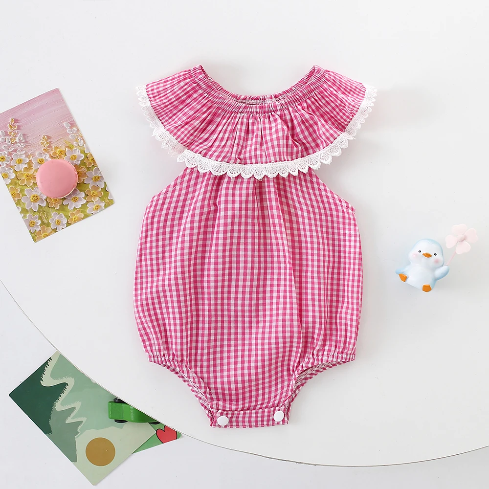 Newborn Girl'S New Summer Crawling Suit With Rose Red Plaid Lace And Sleeveless Buttocks  Suitable For Babies Aged 0-2