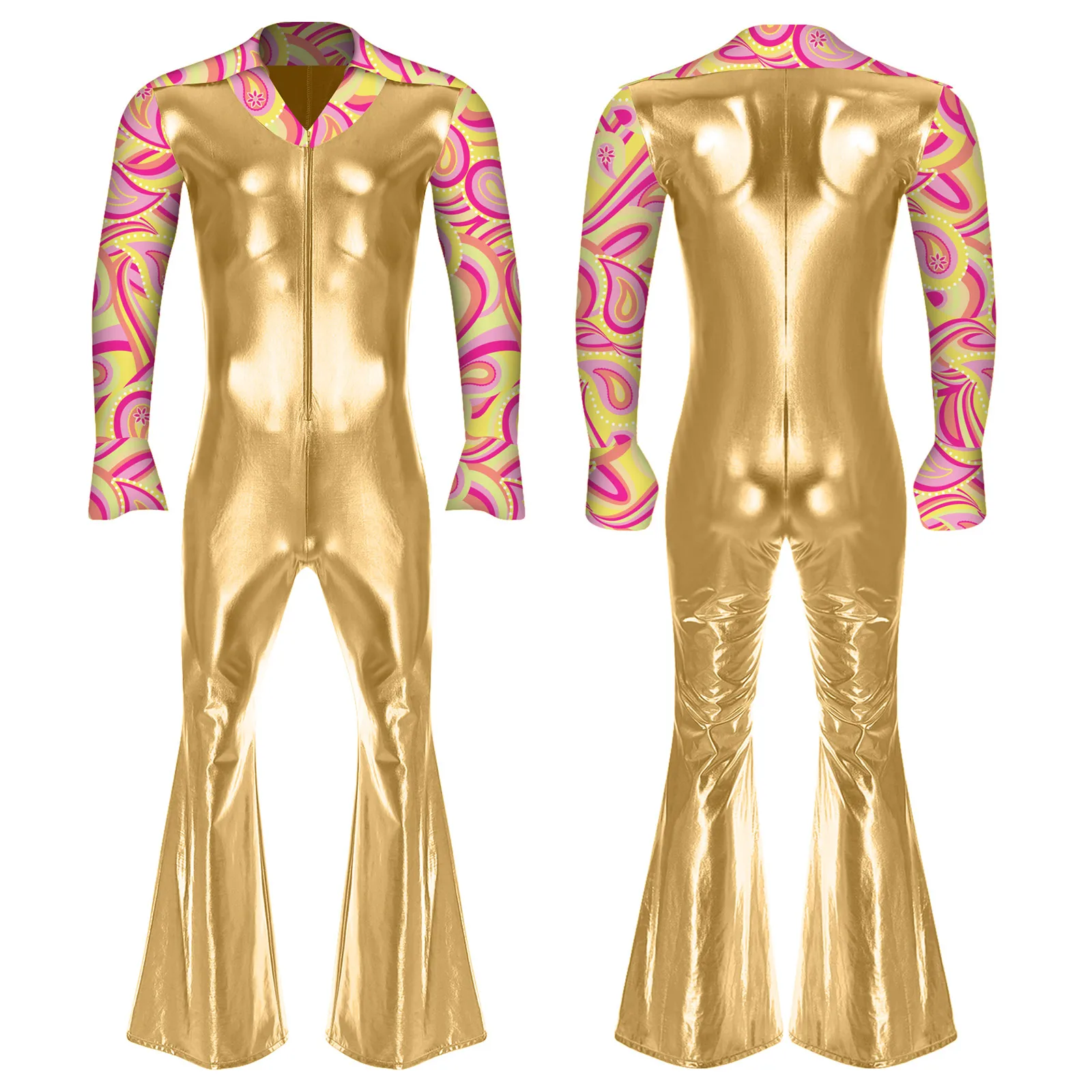 Mens Hippie Jazz Disco Dance Rompers Lapel V Neck Flare Long Sleeve Split Cuffs Bell Bottom Pants Patchwork Jumpsuit Clubwear - Image 4