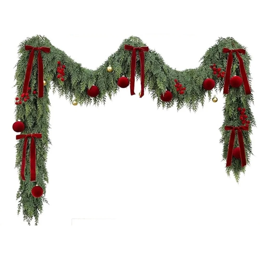 1.8m Artificial Christmas Cedar Garland With Red For Velvet Bow Flocked Pine Branches For Home Holiday Party Wedding Floral