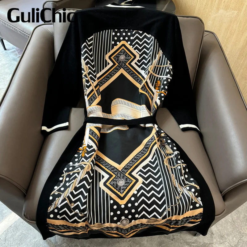 2.27 GuliChic Temperament Fashion Women Pure Silk Positioning Print V-Neck With Belt Thin Wool Knit Long Cardigan