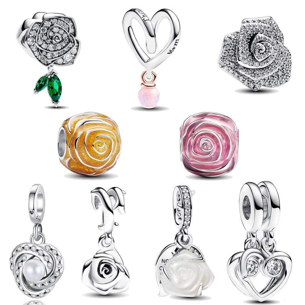 Silver Plated Swirl Rose Charm with Pearl & Cz Fits Bracelets Elegant Jewelry