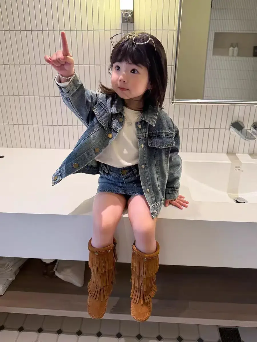 

2026 New Spring Summer Fashionable Girls' Denim Set Kids' Jacket + Short Skirt Two-Piece Outfit for Children