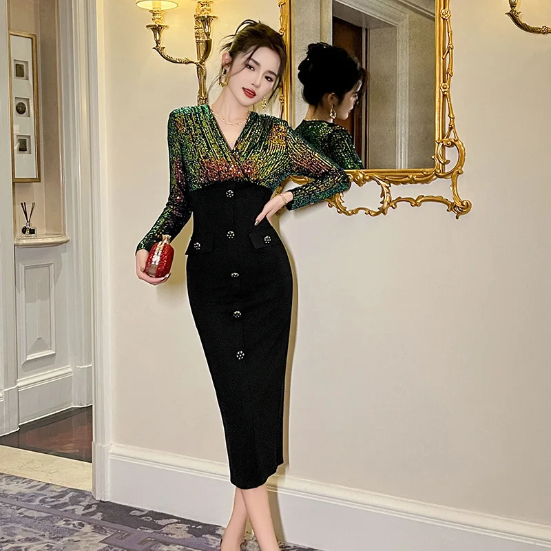 2023 Autumn/Winter New French V-neck Sequin Waist Wrap Hip Dress for Women