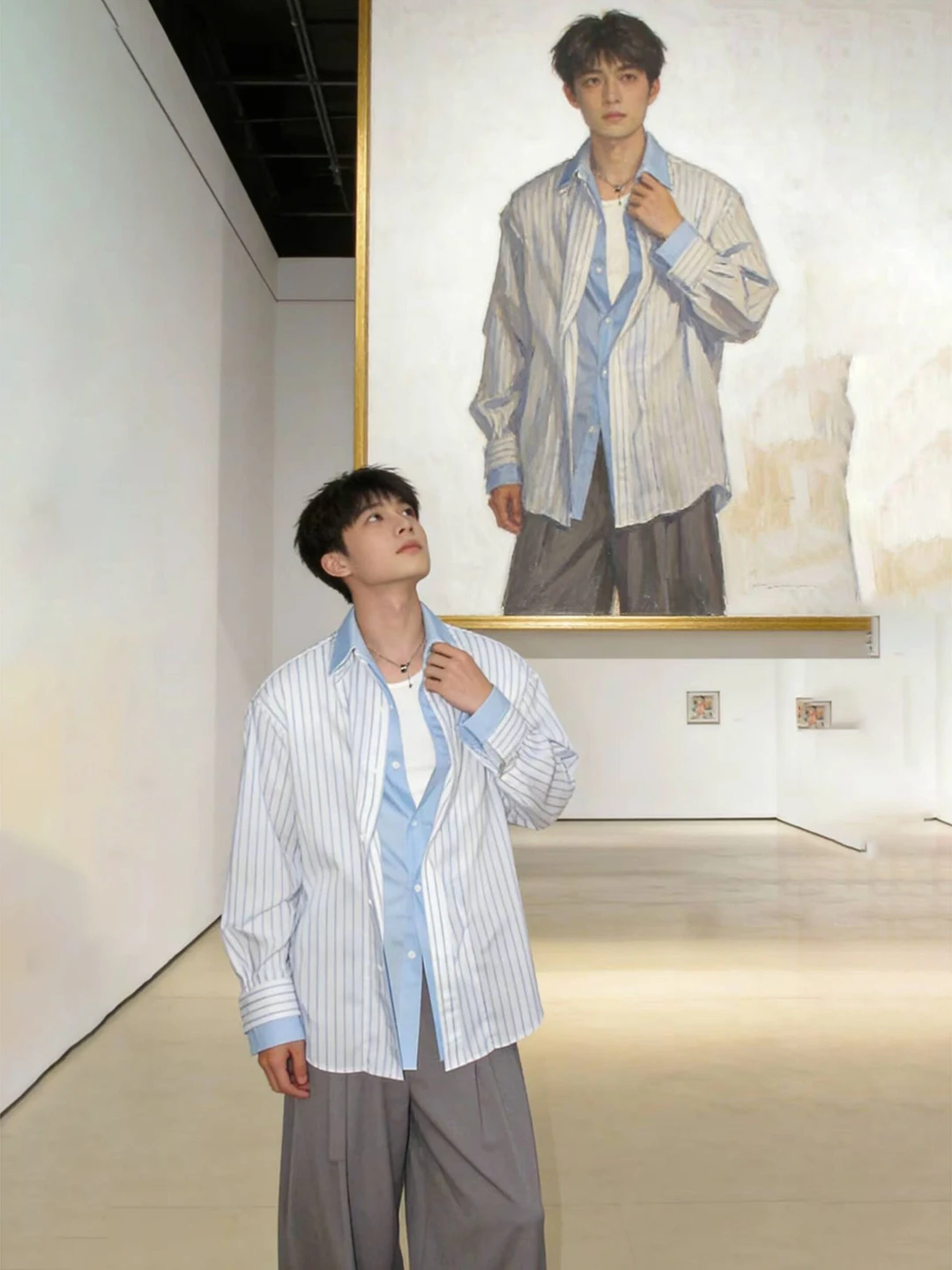 

Blue Striped Fake Two-Piece Long Sve irt Men's Spring High-End Feeling Cool Haome Outerwear Cleanfit oulder Line