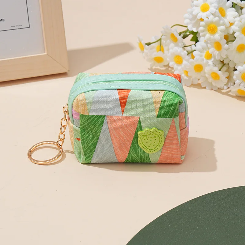 Korean Colored Geometric Coin Bags Purse for Women Student's Small PU Leather Zipper Key Cards Makeup Toiletries Organizer Pouch