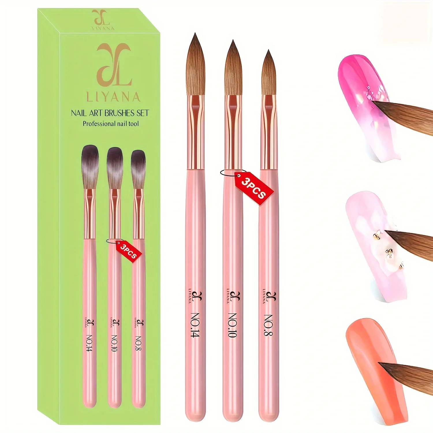 3 szt. Zestaw pędzli do paznokci akrylowych, rozmiar 8/10/14 Profesjonalne pędzle do paznokci do aplikacji akrylowej Proszek akrylowy Przedłużanie paznokci